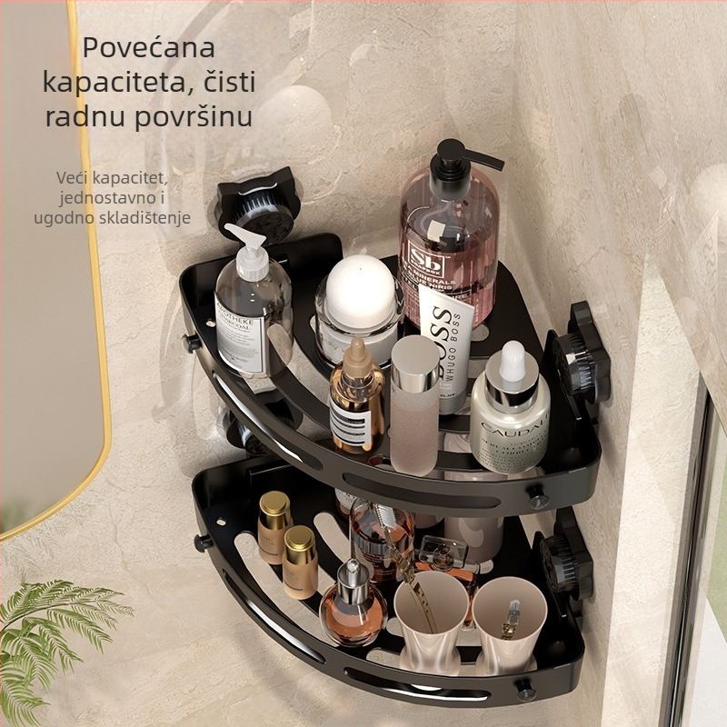 4-slojni kutni usisni ormarić za kupaonicu, zidna montaža bez bušenja, plastika, premaz sprejem, nosivost 5–10 kg