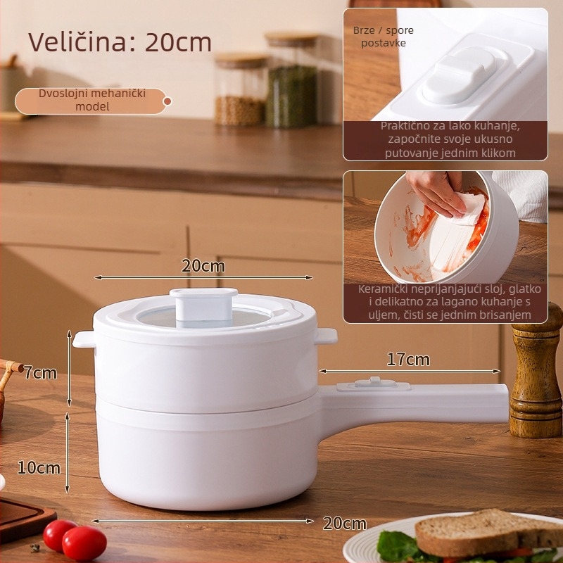 Električno kuhalo s keramičnim premazom, dvostruki sloj, kapacitet do 2 L, pogodno za 2–3 porcije, upravljanje gumbima