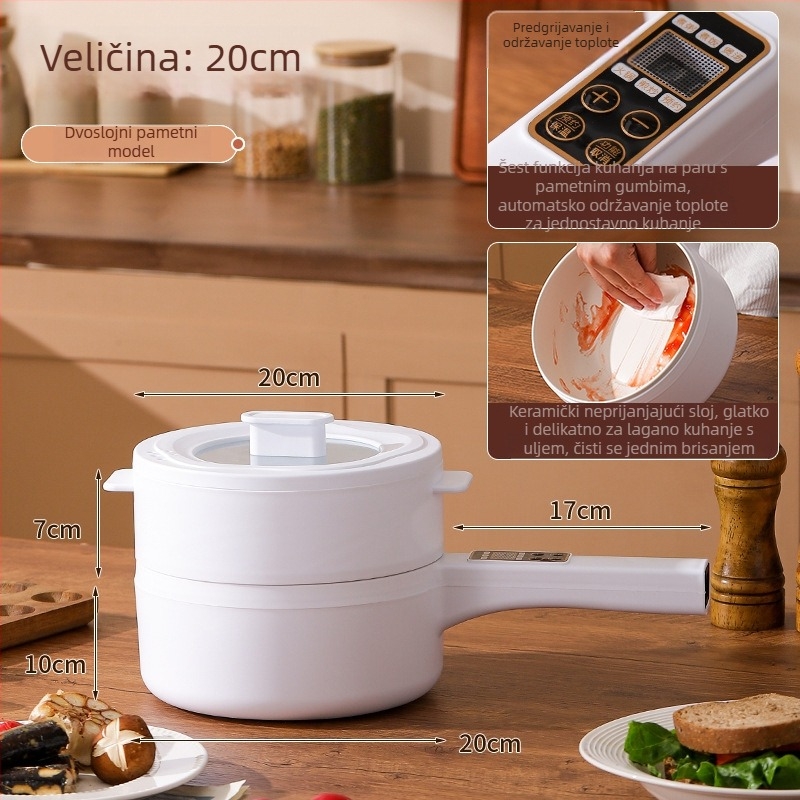 Električno kuhalo s keramičnim premazom, dvostruki sloj, kapacitet do 2 L, pogodno za 2–3 porcije, upravljanje gumbima