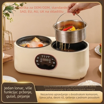 Električna dvodijelna posuda za hot pot i kuhanje riže, 110–220V, dvije komore, potpuno automatizirana, keramički unutarnji lonac, LCD zaslon, tajmer, podešavanje temperature, zaštita od suhoće