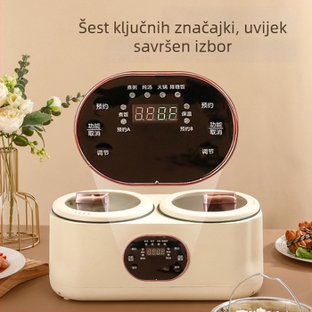 Električna dvodijelna posuda za hot pot i kuhanje riže, 110–220V, dvije komore, potpuno automatizirana, keramički unutarnji lonac, LCD zaslon, tajmer, podešavanje temperature, zaštita od suhoće
