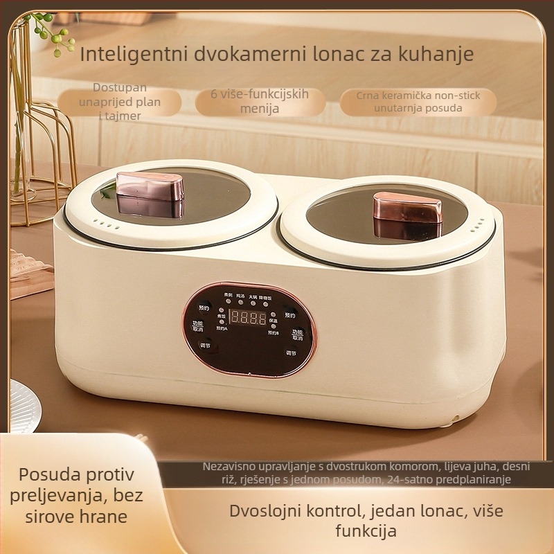 Električna dvodijelna posuda za hot pot i kuhanje riže, 110–220V, dvije komore, potpuno automatizirana, keramički unutarnji lonac, LCD zaslon, tajmer, podešavanje temperature, zaštita od suhoće