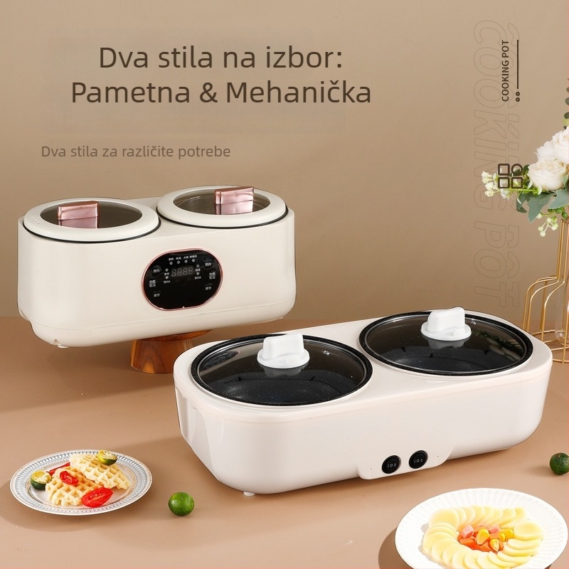Električna dvodijelna posuda za hot pot i kuhanje riže, 110–220V, dvije komore, potpuno automatizirana, keramički unutarnji lonac, LCD zaslon, tajmer, podešavanje temperature, zaštita od suhoće