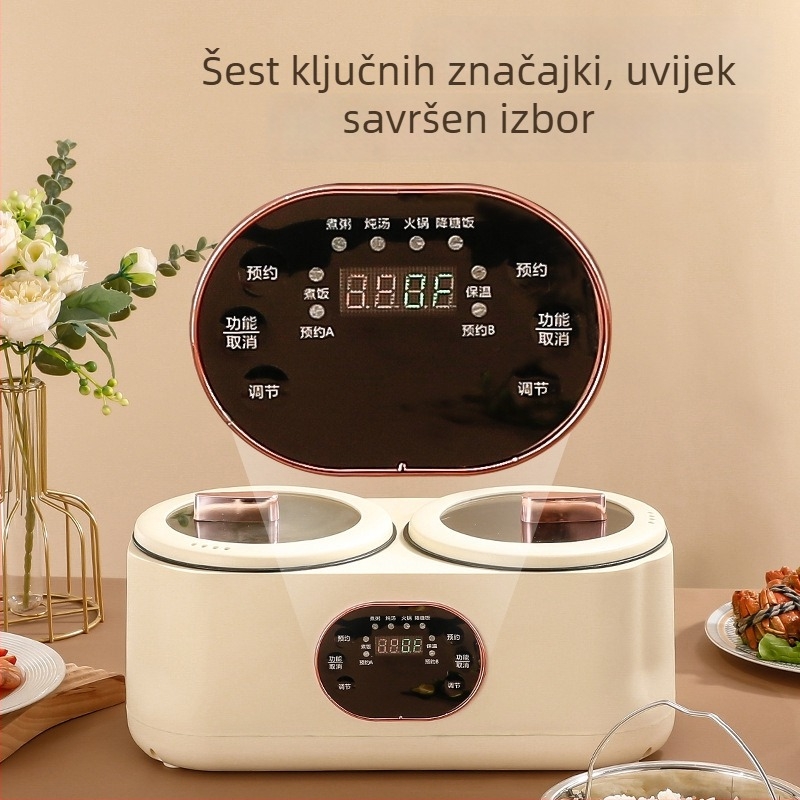 Električna dvodijelna posuda za hot pot i kuhanje riže, 110–220V, dvije komore, potpuno automatizirana, keramički unutarnji lonac, LCD zaslon, tajmer, podešavanje temperature, zaštita od suhoće