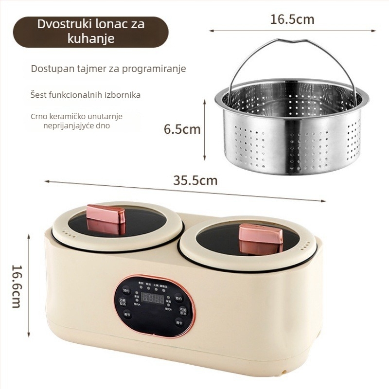 Električna dvodijelna posuda za hot pot i kuhanje riže, 110–220V, dvije komore, potpuno automatizirana, keramički unutarnji lonac, LCD zaslon, tajmer, podešavanje temperature, zaštita od suhoće