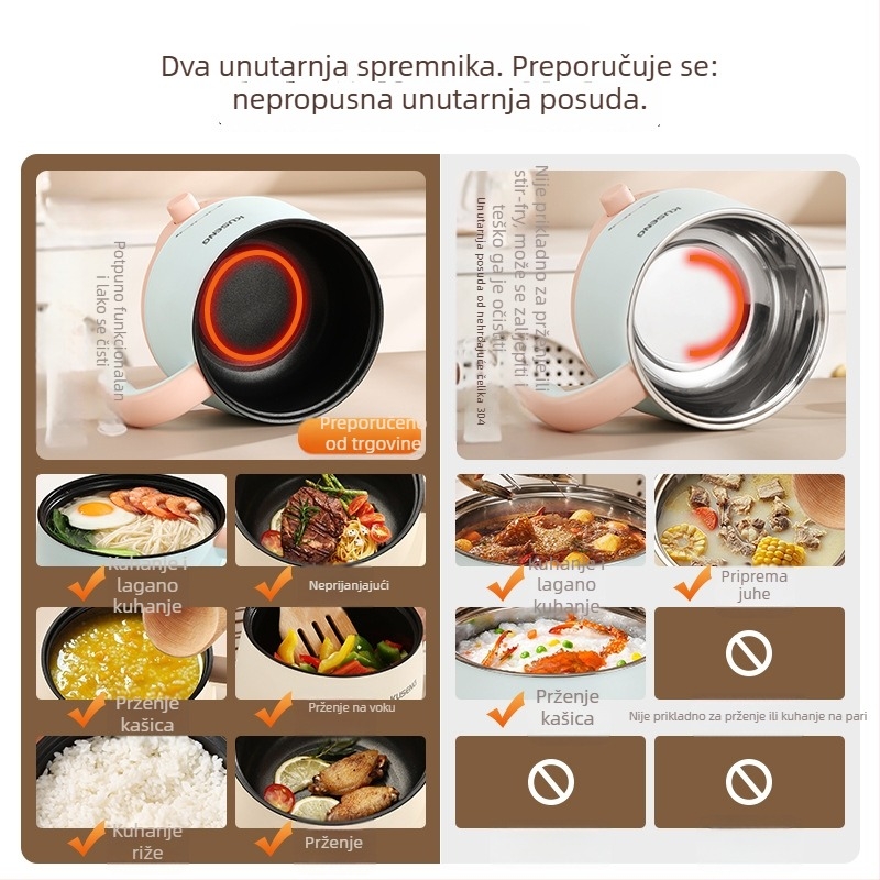 Električna posuda za kuhanje all-in-one za internat, dvostruki sloj od nehrđajućeg čelika 304, kapacitet 2 L, upravljanje gumbom, model sc-180a