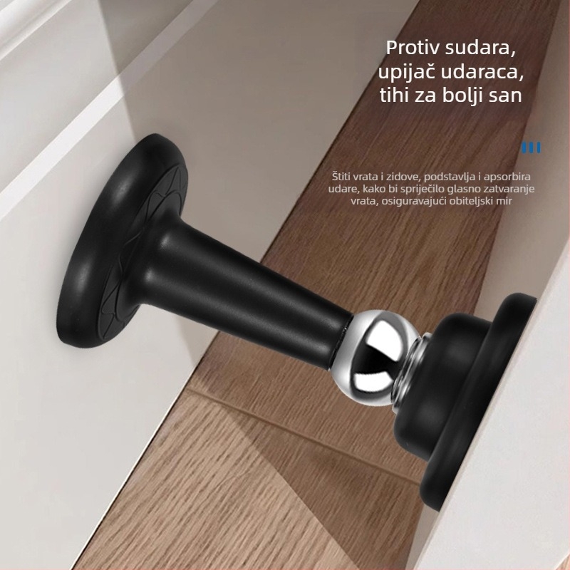 No-punch plastično‑čelični držač vrata s magnetskim tihim prihvaćanjem — Model No-punch; Materijal: plast‑čelik; Ugradnja: zid Ct-01; Način upravljanja: ručni; Stil: moderni minimalizam.
