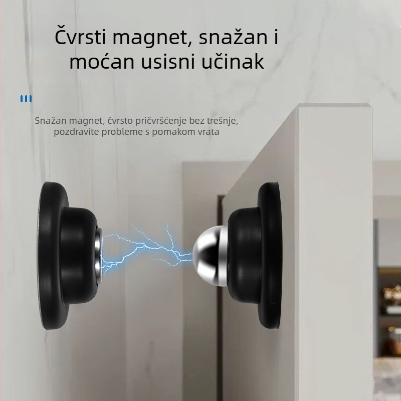 No-punch plastično‑čelični držač vrata s magnetskim tihim prihvaćanjem — Model No-punch; Materijal: plast‑čelik; Ugradnja: zid Ct-01; Način upravljanja: ručni; Stil: moderni minimalizam.