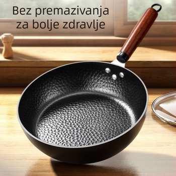Wok s teksturom čekićanja, kovanog željeza, bez premaza, kompatibilan s indukcijom i plinskim štednjakom, poklopac od nehrđajućeg čelika sa staklom