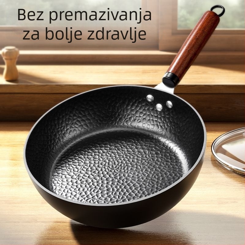 Wok s teksturom čekićanja, kovanog željeza, bez premaza, kompatibilan s indukcijom i plinskim štednjakom, poklopac od nehrđajućeg čelika sa staklom