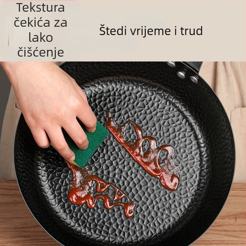 Wok s teksturom čekićanja, kovanog željeza, bez premaza, kompatibilan s indukcijom i plinskim štednjakom, poklopac od nehrđajućeg čelika sa staklom