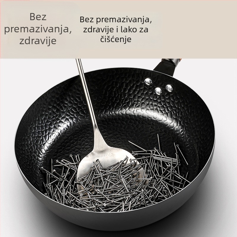Wok s teksturom čekićanja, kovanog željeza, bez premaza, kompatibilan s indukcijom i plinskim štednjakom, poklopac od nehrđajućeg čelika sa staklom