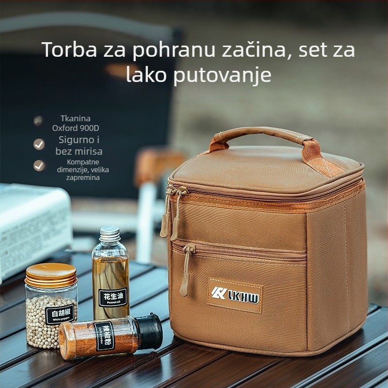 Ruke kamping set začinskih kutija — prijenosni organizator za začine s kompletom boca; Materijali: 900D Oxford tkanina, pearl cotton, aluminijska folija