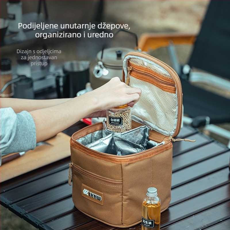 Ruke kamping set začinskih kutija — prijenosni organizator za začine s kompletom boca; Materijali: 900D Oxford tkanina, pearl cotton, aluminijska folija