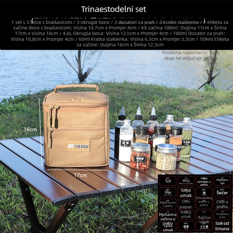 Ruke kamping set začinskih kutija — prijenosni organizator za začine s kompletom boca; Materijali: 900D Oxford tkanina, pearl cotton, aluminijska folija