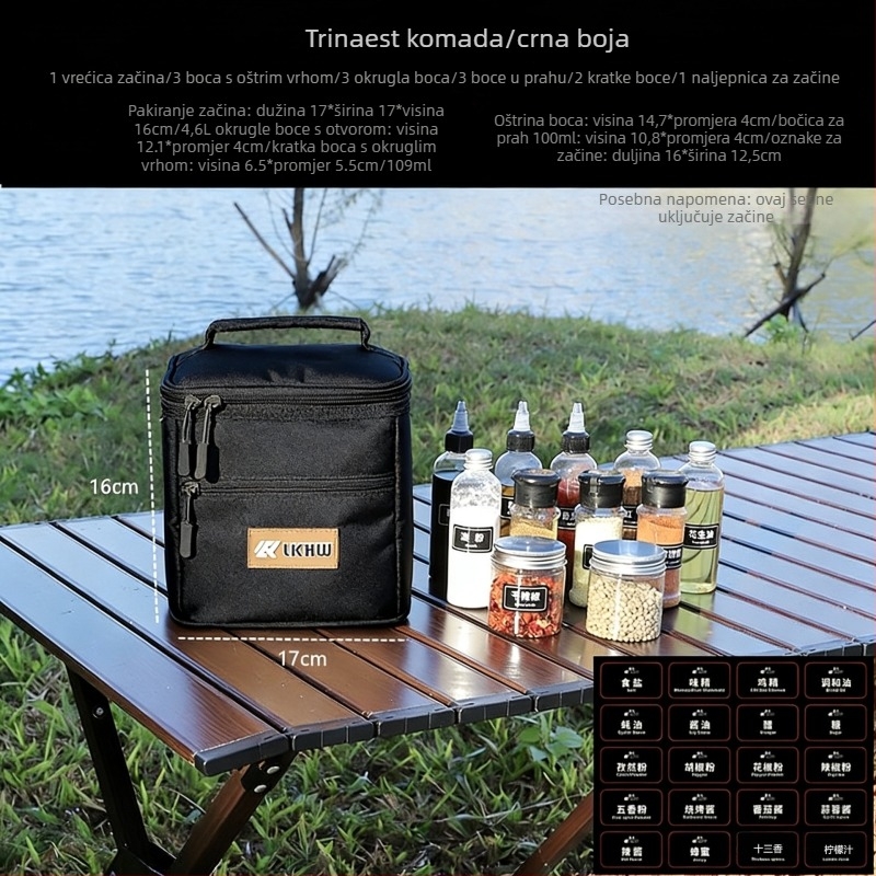 Ruke kamping set začinskih kutija — prijenosni organizator za začine s kompletom boca; Materijali: 900D Oxford tkanina, pearl cotton, aluminijska folija
