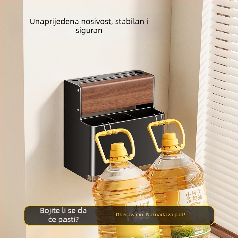Zidni držač za nože i kuhinjske potrepštine od orahovog drveta — bez bušenja, višenamjenski, materijal: aluminij i orašasto drvo