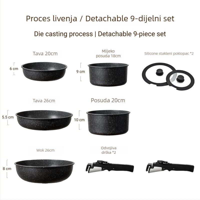 Odvojivi set tiganja s neprijanjajućim premazom – aluminij, odvojiva konstrukcija, neprijanjajući premaz, složeno dno