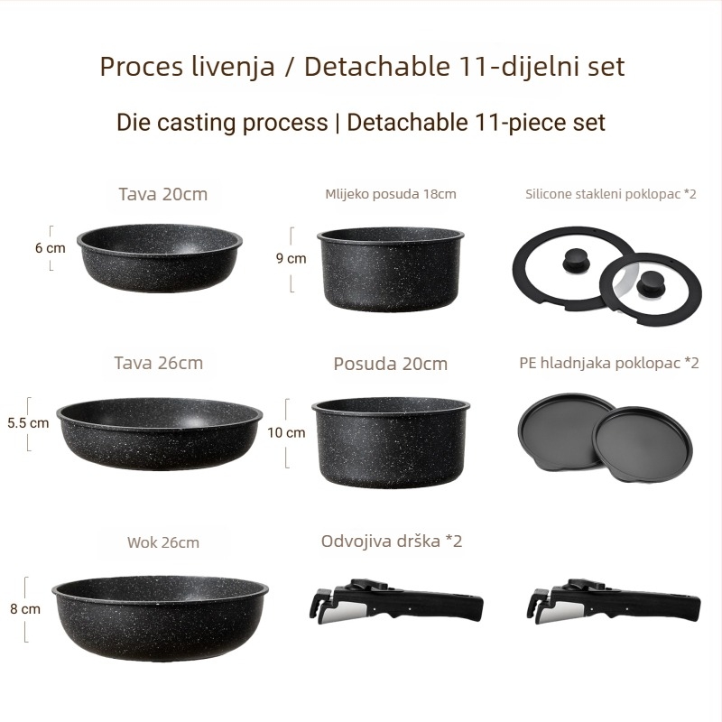 Odvojivi set tiganja s neprijanjajućim premazom – aluminij, odvojiva konstrukcija, neprijanjajući premaz, složeno dno