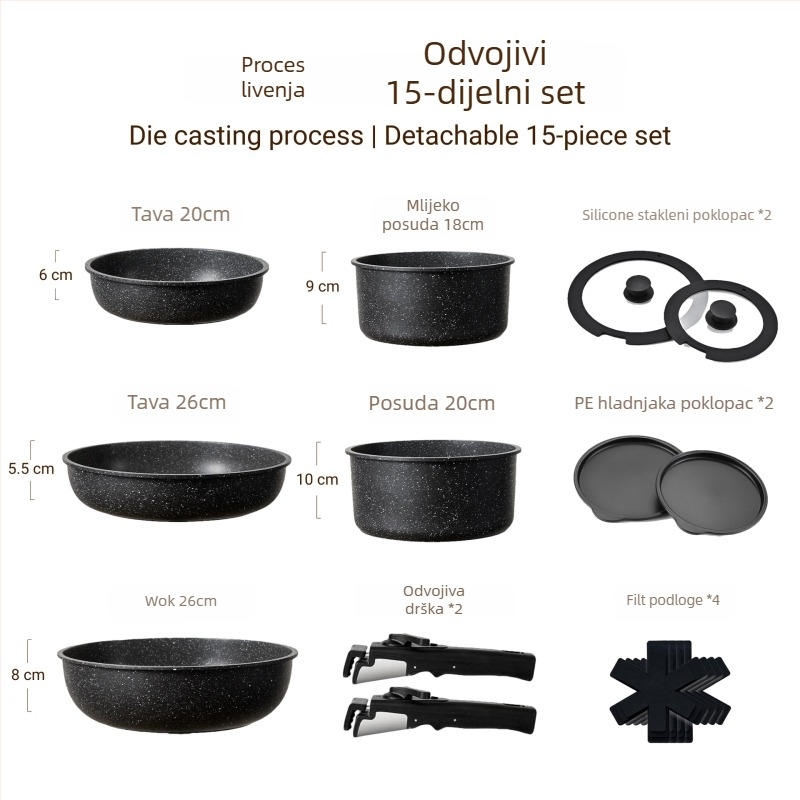 Odvojivi set tiganja s neprijanjajućim premazom – aluminij, odvojiva konstrukcija, neprijanjajući premaz, složeno dno