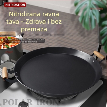 Tava za prženje s dvostrukim držačima, debela, bez premaza, od kovanog željeza s dnom od ugljičnog čelika, kompatibilna s plinskim i indukcijskim pločama