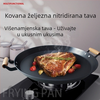 Tava za prženje s dvostrukim držačima, debela, bez premaza, od kovanog željeza s dnom od ugljičnog čelika, kompatibilna s plinskim i indukcijskim pločama
