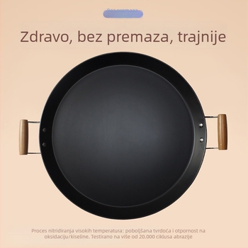 Tava za prženje s dvostrukim držačima, debela, bez premaza, od kovanog željeza s dnom od ugljičnog čelika, kompatibilna s plinskim i indukcijskim pločama