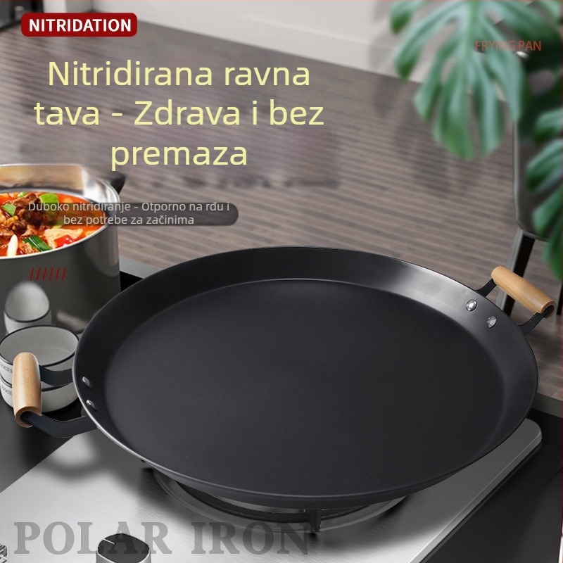 Tava za prženje s dvostrukim držačima, debela, bez premaza, od kovanog željeza s dnom od ugljičnog čelika, kompatibilna s plinskim i indukcijskim pločama