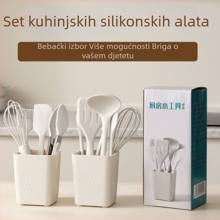 Set silikonskih kuhinjskih alata za prehranu djece: spatula, mini žlica, pjenjača za jaja, klipsa za hranu; silikon za hranu, otporan na visoke temperature, protuklizan, ne lijepi