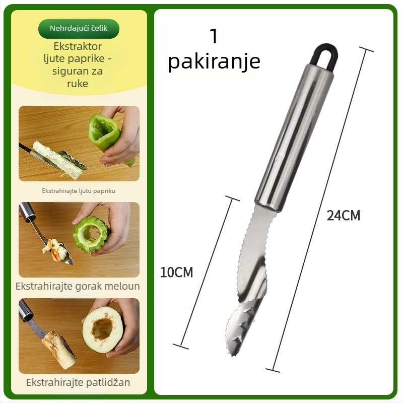 Nehrđajući čelik alat za uklanjanje sjemenki iz zelenih paprika i gorčkog dinje; kuhinjski gadget; moderan minimalistički dizajn; lansiran 2022