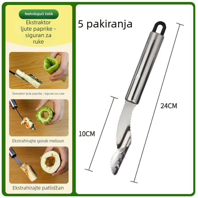 Nehrđajući čelik alat za uklanjanje sjemenki iz zelenih paprika i gorčkog dinje; kuhinjski gadget; moderan minimalistički dizajn; lansiran 2022