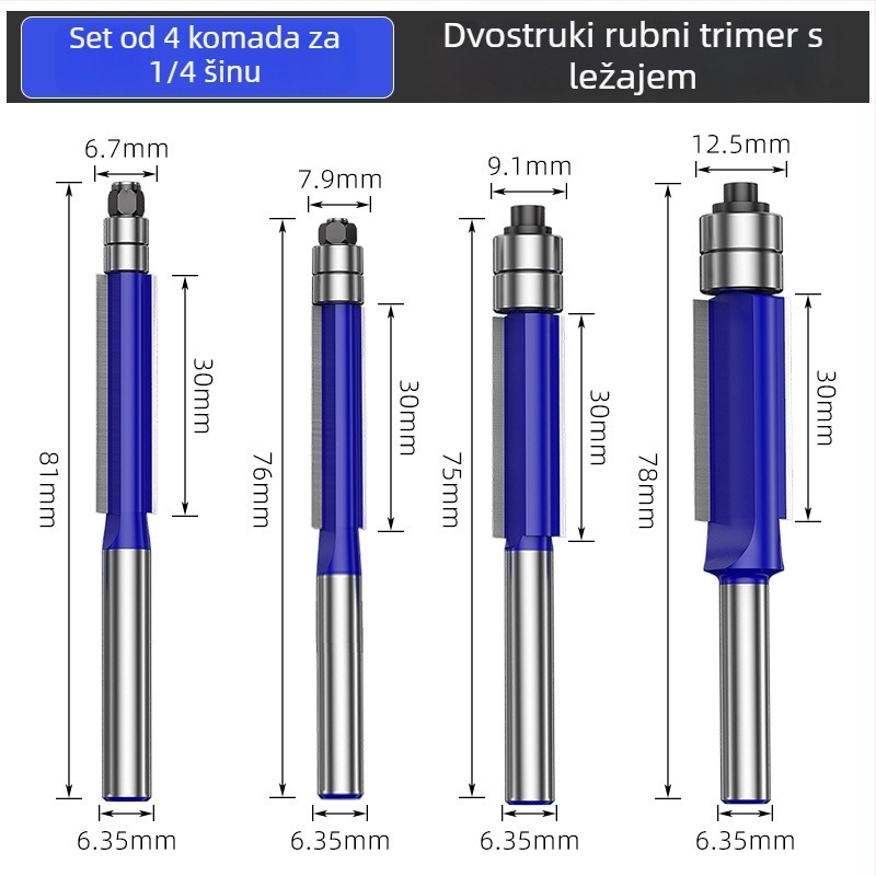 Set freza za drvo s dvostrukim ležajevima i dvostruko oštrim glavama rezova