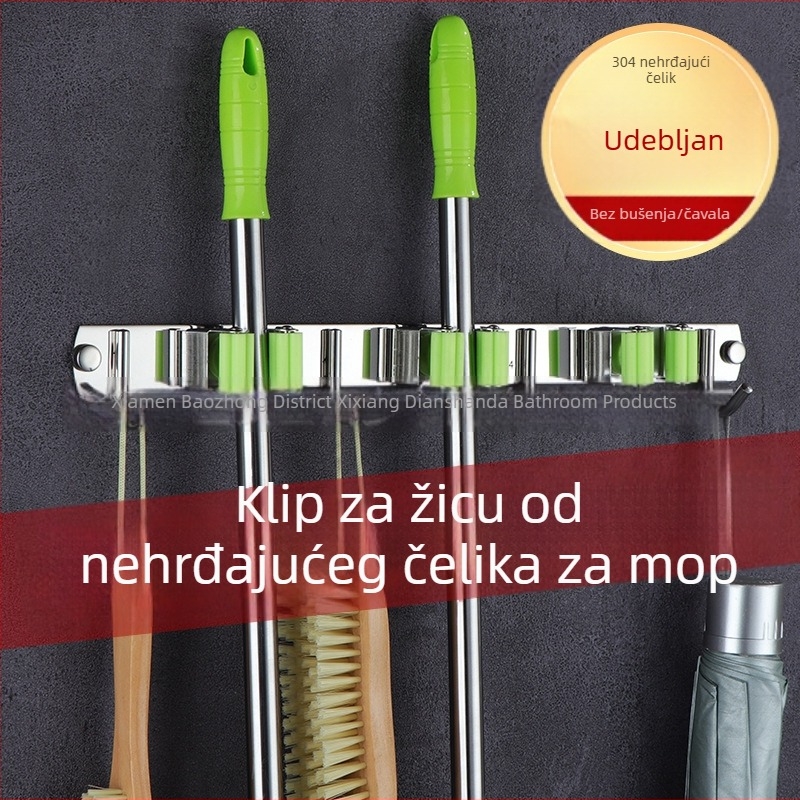 Držač za mop od nehrđajućeg čelika 304, montaža na zid bez bušenja, klip za odlaganje metle u kupaonici