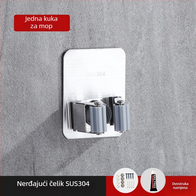 Držač za mop od nehrđajućeg čelika 304, montaža na zid bez bušenja, klip za odlaganje metle u kupaonici