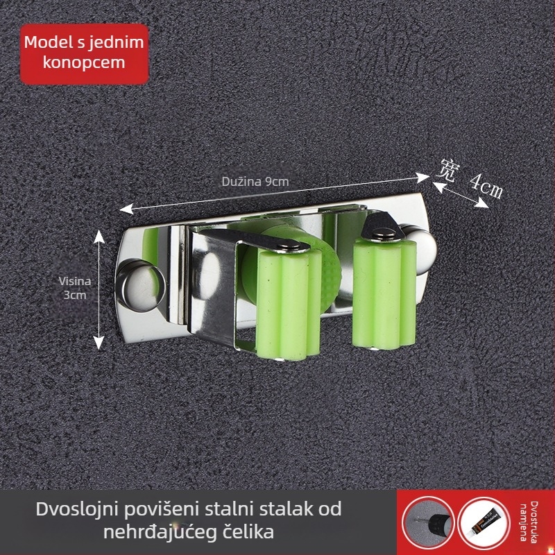 Držač za mop od nehrđajućeg čelika 304, montaža na zid bez bušenja, klip za odlaganje metle u kupaonici