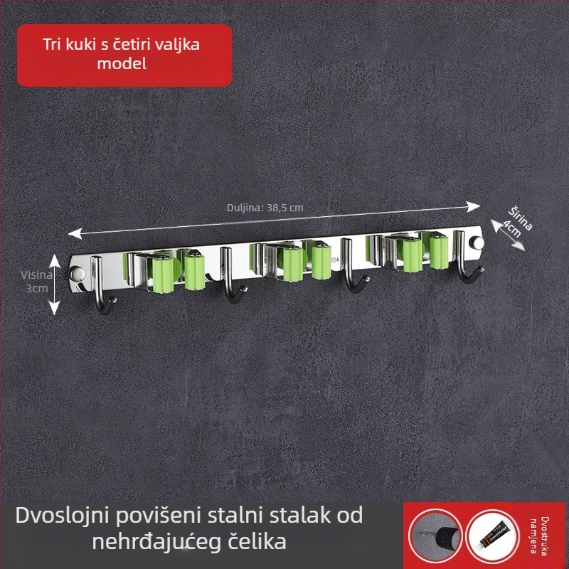 Držač za mop od nehrđajućeg čelika 304, montaža na zid bez bušenja, klip za odlaganje metle u kupaonici