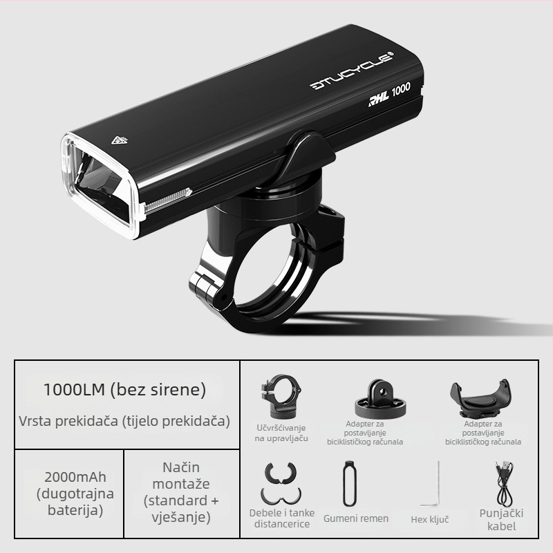 Prednje svjetlo za bicikl s integriranim klaksonom, sve-u-jednom, aluminijska legura, vodootporno, brzo oslobađanje, visoka svjetlina