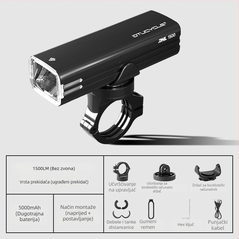 Prednje svjetlo za bicikl s integriranim klaksonom, sve-u-jednom, aluminijska legura, vodootporno, brzo oslobađanje, visoka svjetlina