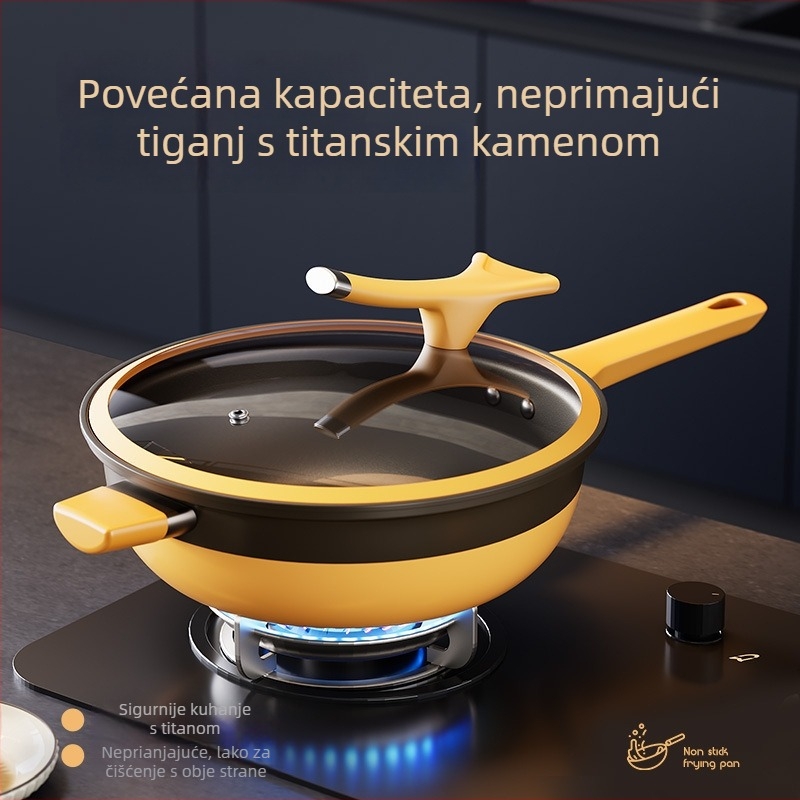 Željezni wok s titan-keramičkim neprijanjljivim premazom, stakleni poklopac, pogodan za univerzalnu ploču, model Acspa