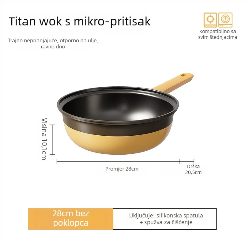 Željezni wok s titan-keramičkim neprijanjljivim premazom, stakleni poklopac, pogodan za univerzalnu ploču, model Acspa