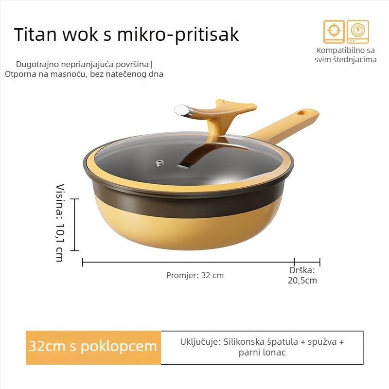 Željezni wok s titan-keramičkim neprijanjljivim premazom, stakleni poklopac, pogodan za univerzalnu ploču, model Acspa