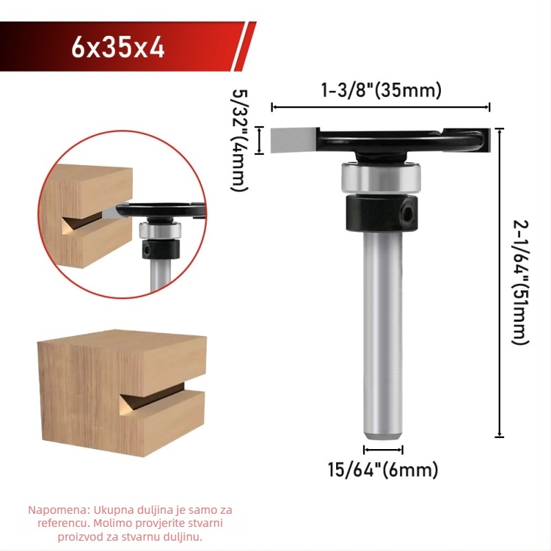 T-tip oštrica za strojeve za obradu drveta, nož za udubljivanje (slotting knife), Edge Trimmer, 6-osi osovina, ležaj 1/4 osovine