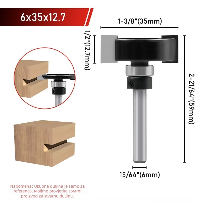 T-tip oštrica za strojeve za obradu drveta, nož za udubljivanje (slotting knife), Edge Trimmer, 6-osi osovina, ležaj 1/4 osovine