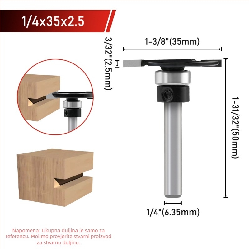 T-tip oštrica za strojeve za obradu drveta, nož za udubljivanje (slotting knife), Edge Trimmer, 6-osi osovina, ležaj 1/4 osovine