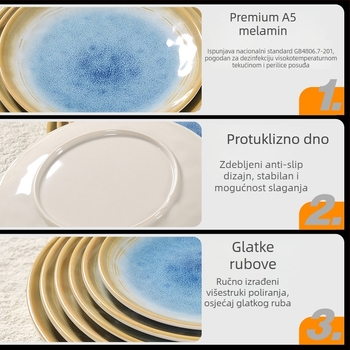 Melamin tanjur s različitim uzorcima, kružni oblik, moderan minimalistički stil, mogućnost tiskanja logotipa.
