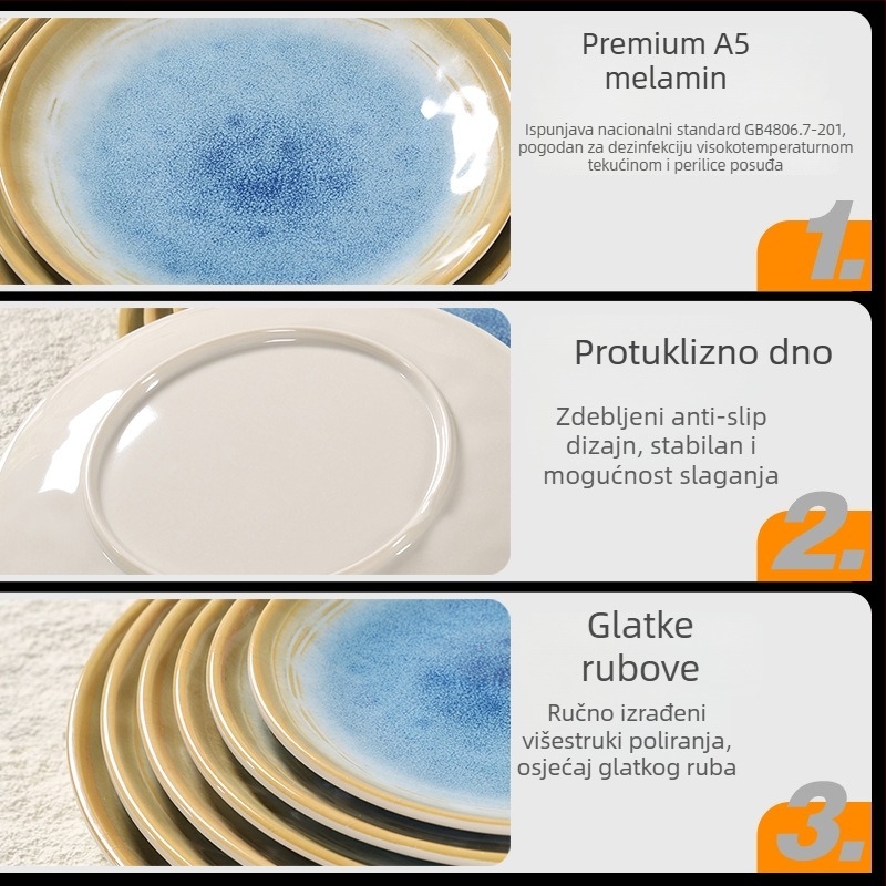 Melamin tanjur s različitim uzorcima, kružni oblik, moderan minimalistički stil, mogućnost tiskanja logotipa.