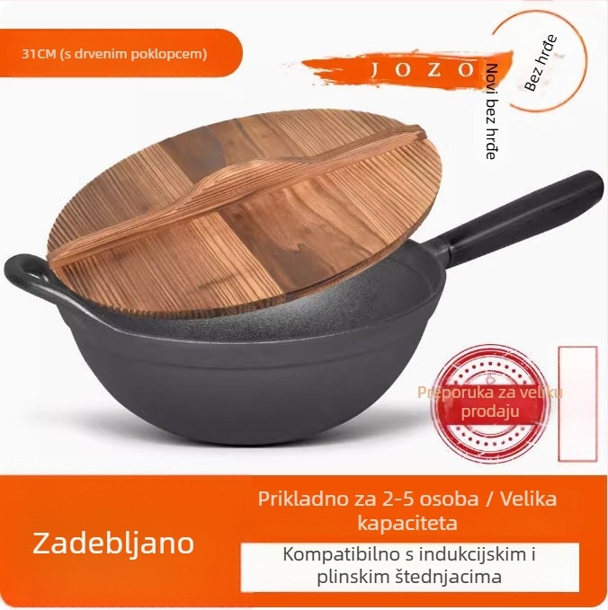 Wok od lijevanog željeza s ravnim dnom i drvenim poklopcem, model JZ-ZTZHDB31C