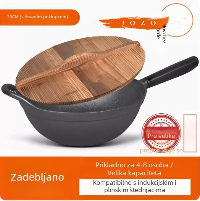 Wok od lijevanog željeza s ravnim dnom i drvenim poklopcem, model JZ-ZTZHDB31C