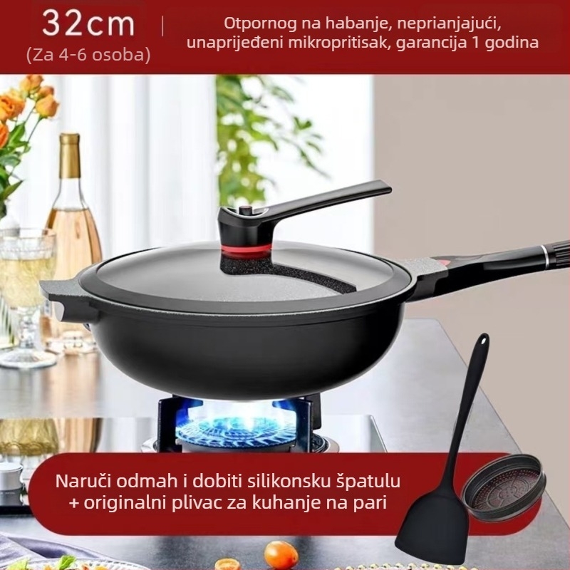 Wok od Maifan kamena, neprianjajući premaz plazmom, višeslojno dno, kompatibilan s plinskim i indukcijskim štednjakom