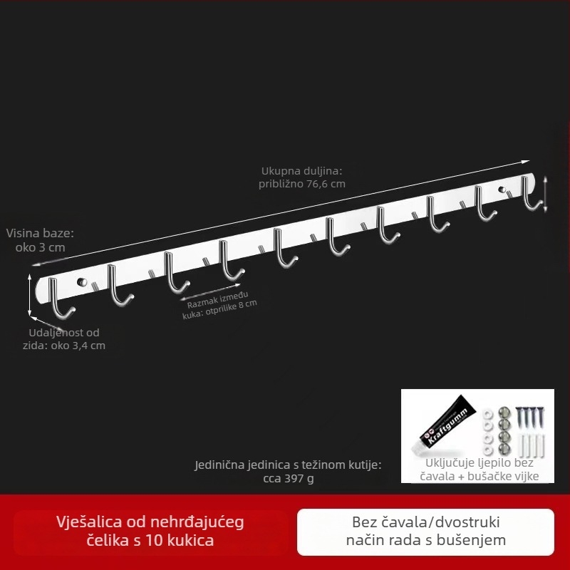Zidna vješalica od 304 nehrđajućeg čelika, montaža bez bušenja, za kupaonicu i kuhinju, polirana završna obrada